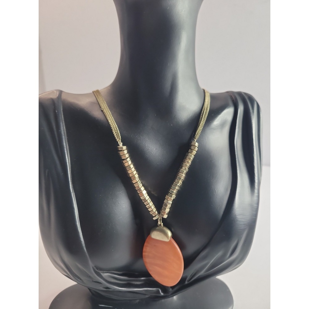 Kenneth Cole Orange Oval Pendant Necklace Silver Tone Multi Strand - Picture 3 of 14